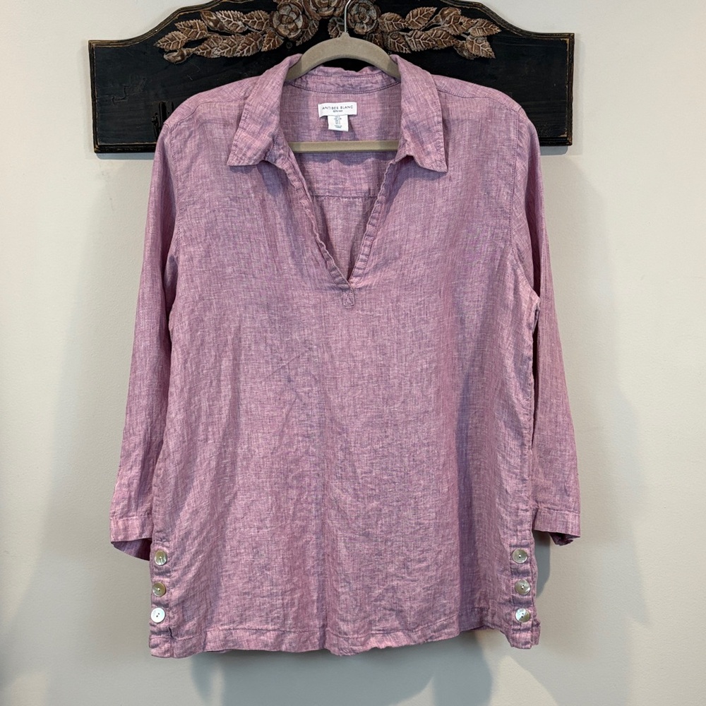 Antibes Blanc Purple Linen MOP Buttons Pull Over Tunic Top Size Large - Picture 2 of 7